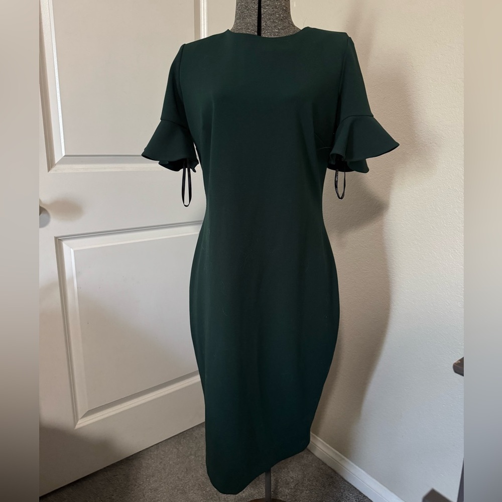 Calvin Klein Dark Green Midi Dress with Ruffle Sleeves
